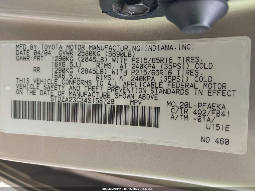 2004 Toyota Sienna Le VIN: 5TDZA23C34S158728 Lot: 43220111