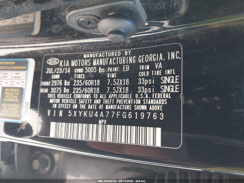 2015 Kia Sorento Ex V6 VIN: 5XYKU4A77FG619763 Lot: 43220116