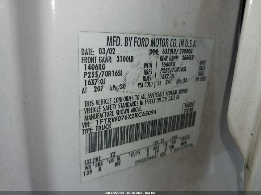 2002 Ford F-150 Lariat/Xlt VIN: 1FTRW076X2KC65094 Lot: 43220126