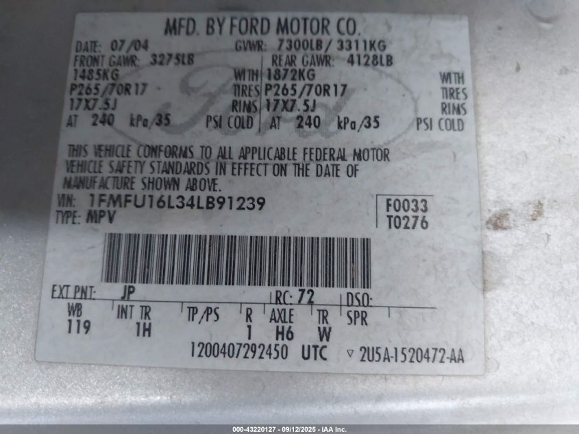 2004 Ford Expedition Nbx/Xlt VIN: 1FMFU16L34LB91239 Lot: 43220127