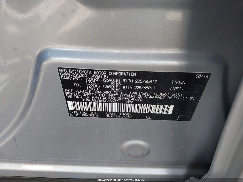 2017 Toyota Rav4 Hybrid Xle VIN: JTMRJREV6HD066327 Lot: 43220130