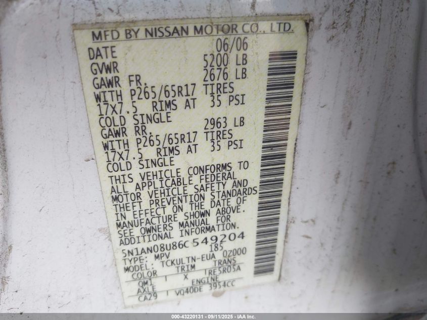 2006 Nissan Xterra Se VIN: 5N1AN08U86C549204 Lot: 43220131