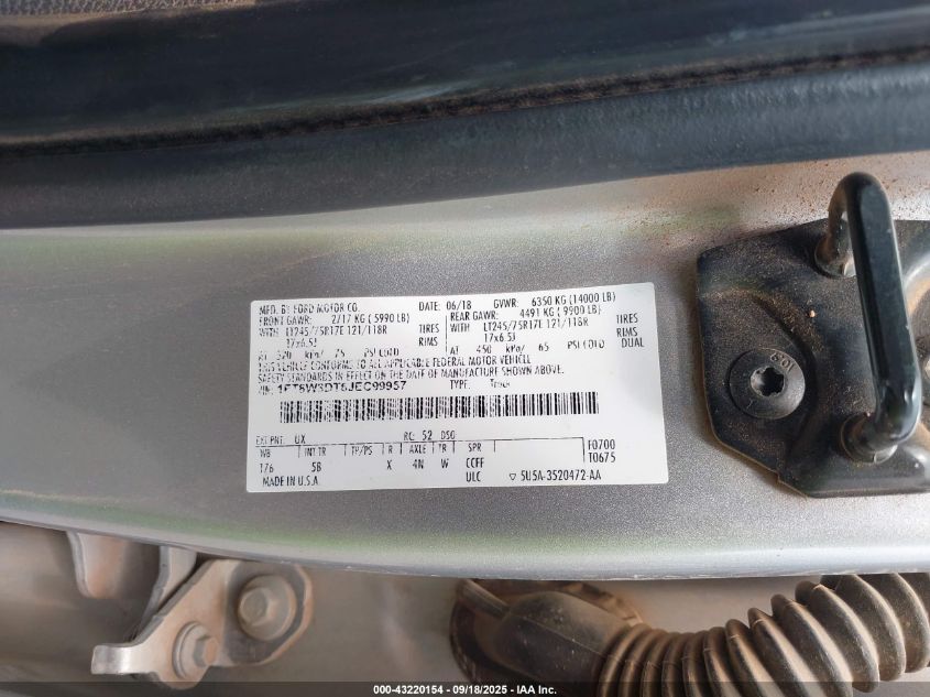 2018 Ford F-350 Lariat VIN: 1FT8W3DT6JEC99957 Lot: 43220154