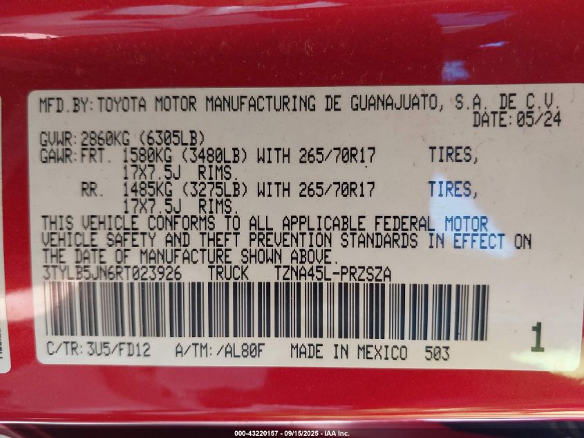 2024 Toyota Tacoma Trd Off Road 4Wd VIN: 3TYLB5JN6RT023926 Lot: 43220157