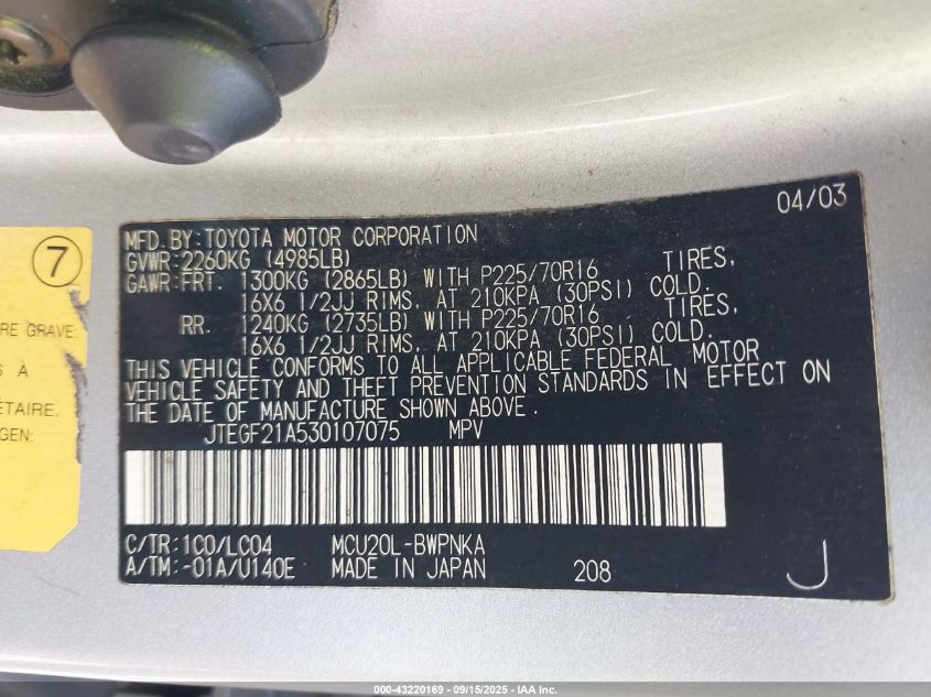 2003 Toyota Highlander Limited V6 VIN: JTEGF21A530107075 Lot: 43220169