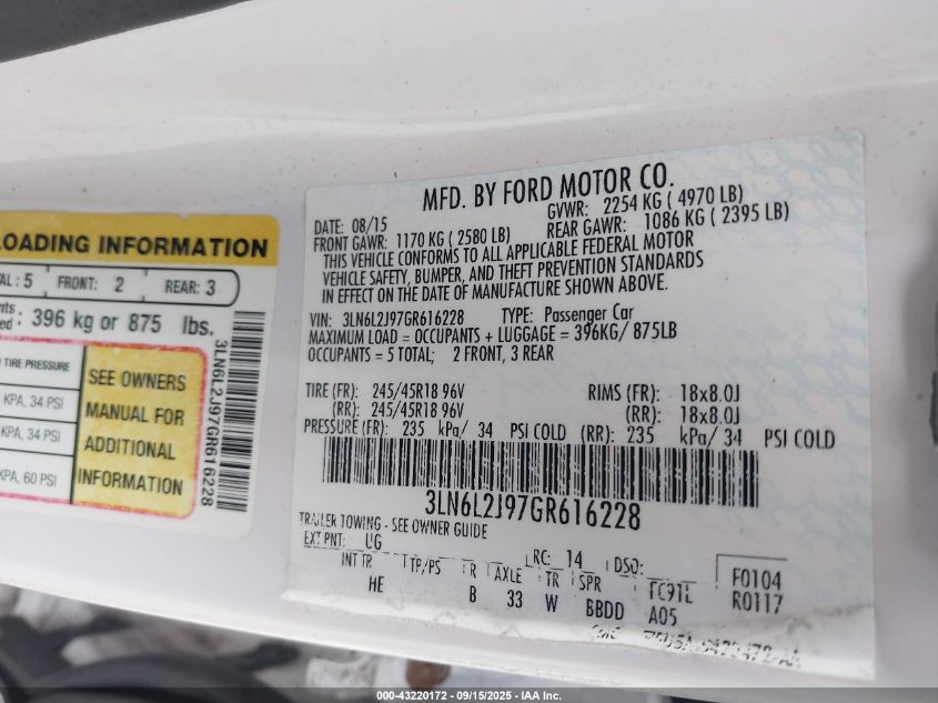 2016 Lincoln Mkz VIN: 3LN6L2J97GR616228 Lot: 43220172