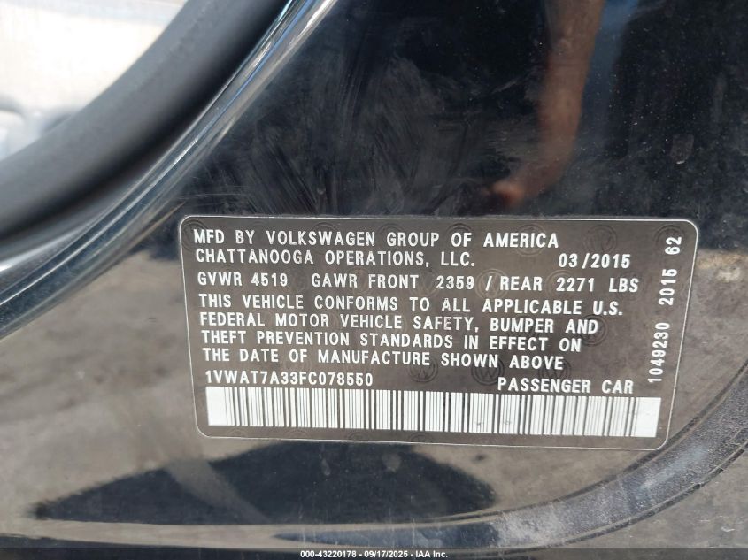 2015 Volkswagen Passat 1.8T Wolfsburg Edition VIN: 1VWAT7A33FC078550 Lot: 43220178