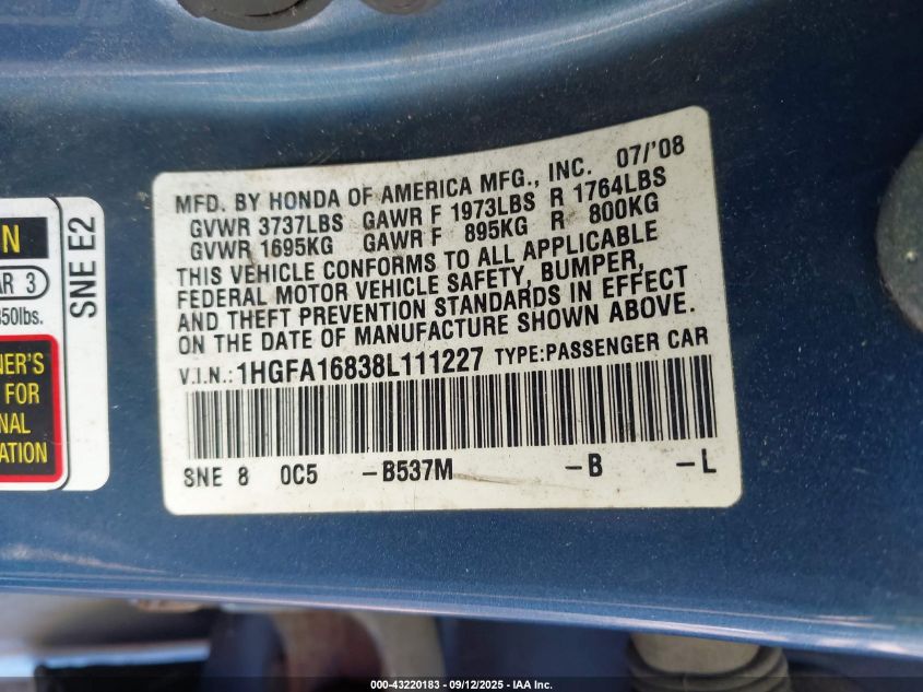 2008 Honda Civic Ex VIN: 1HGFA16838L111227 Lot: 43220183