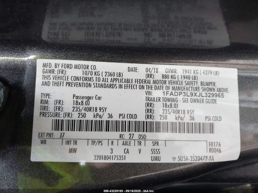 2018 Ford Focus St VIN: 1FADP3L9XJL329965 Lot: 43220185