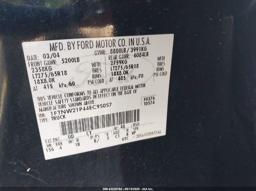 2004 Ford F-250 Lariat/Xl/Xlt VIN: 1FTNW21P44EC95057 Lot: 43220194