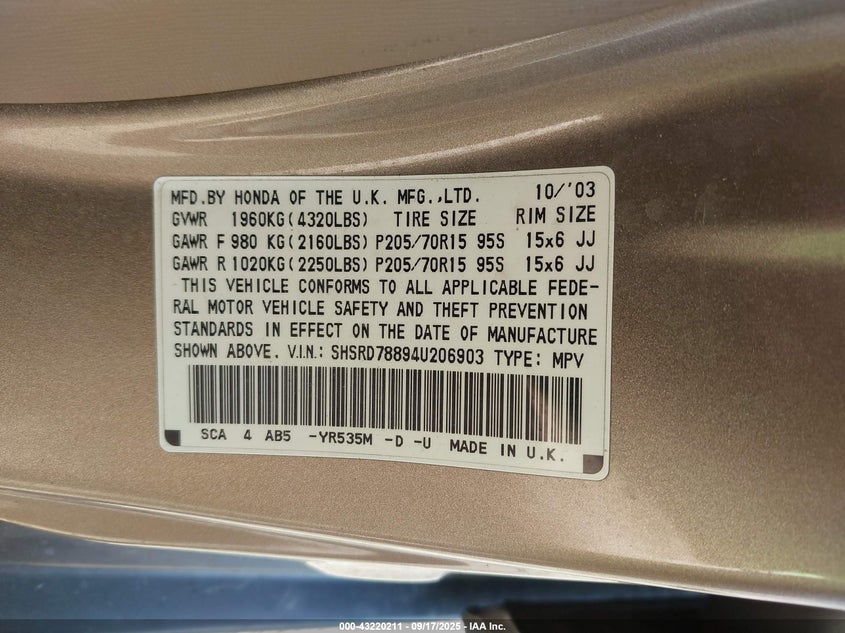 2004 Honda Cr-V Ex VIN: SHSRD78894U206903 Lot: 43220211