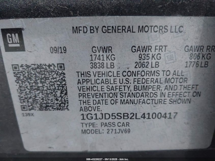 2020 Chevrolet Sonic Fwd Lt VIN: 1G1JD5SB2L4100417 Lot: 43220227