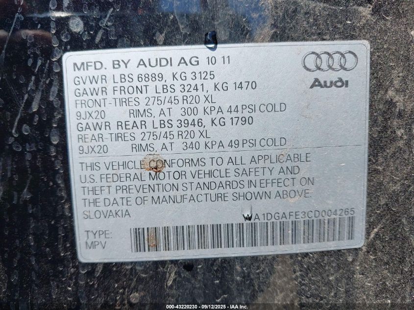 2012 Audi Q7 3.0T S Line Prestige VIN: WA1DGAFE3CD004265 Lot: 43220230