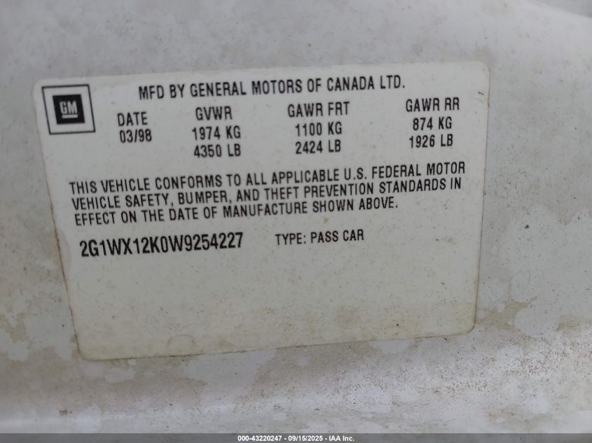 1998 Chevrolet Monte Carlo Z34 VIN: 2G1WX12K0W9254227 Lot: 43220247