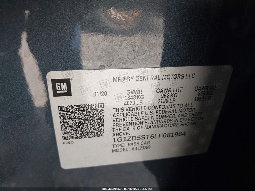 2020 Chevrolet Malibu Fwd Lt VIN: 1G1ZD5ST6LF081984 Lot: 43220259