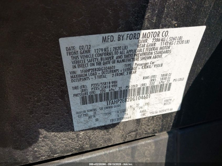 2013 Ford Taurus Sel VIN: 1FAHP2E82DG104601 Lot: 43220266