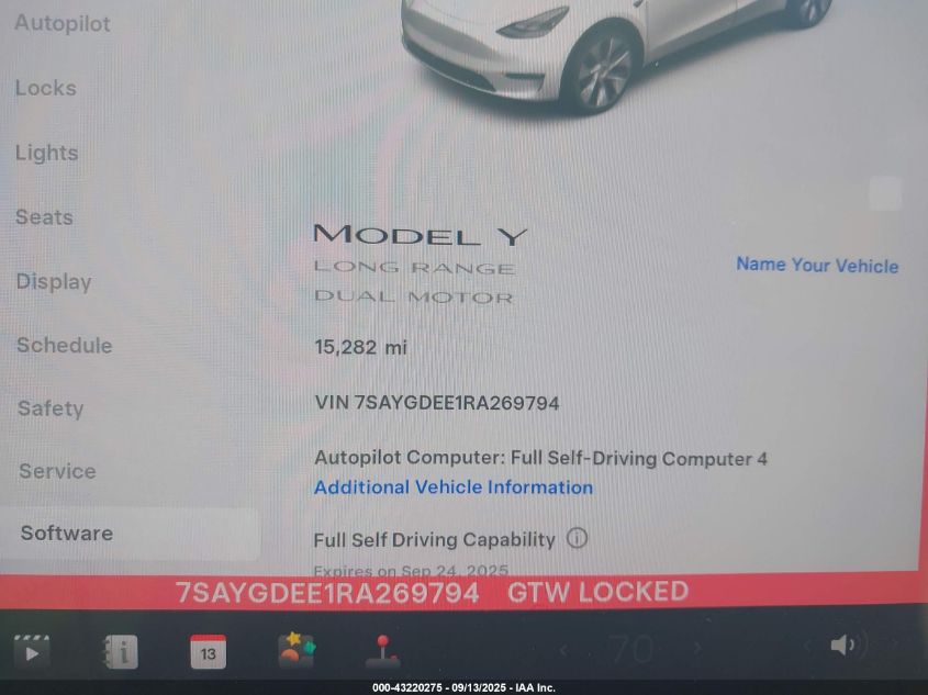 2024 Tesla Model Y Long Range Dual Motor All-Wheel Drive VIN: 7SAYGDEE1RA269794 Lot: 43220275