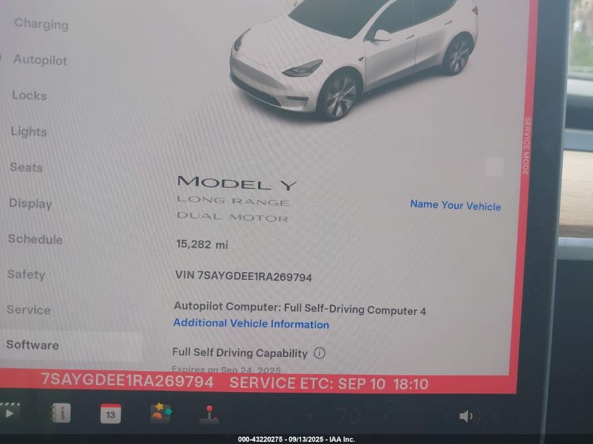 2024 Tesla Model Y Long Range Dual Motor All-Wheel Drive VIN: 7SAYGDEE1RA269794 Lot: 43220275