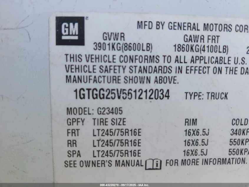 2006 GMC Savana Work Van VIN: 1GTGG25V561212034 Lot: 43220278