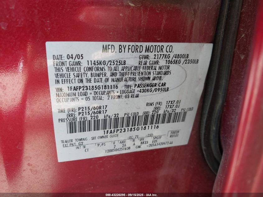 2005 Ford Five Hundred Se VIN: 1FAFP23185G181116 Lot: 43220295