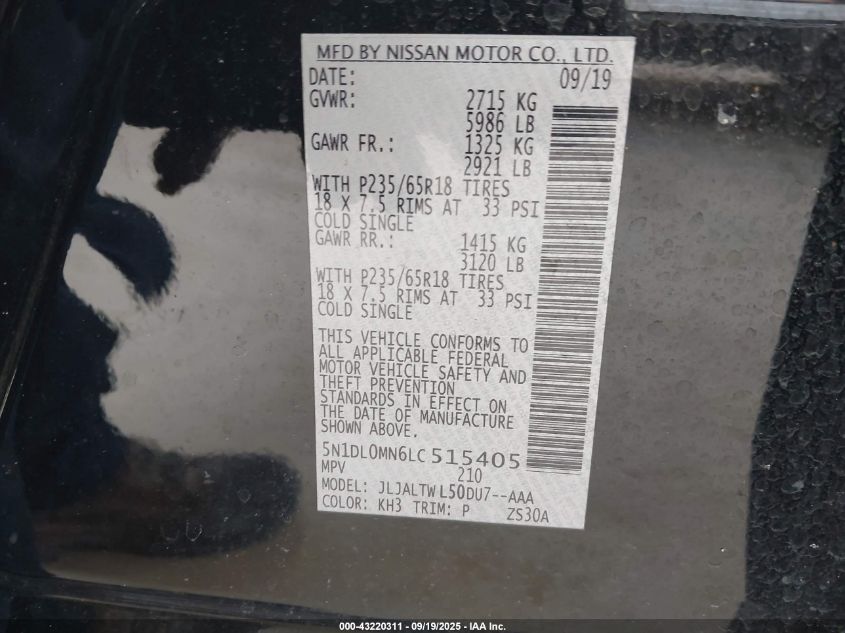 2020 Infiniti Qx60 Luxe VIN: 5N1DL0MN6LC515405 Lot: 43220311