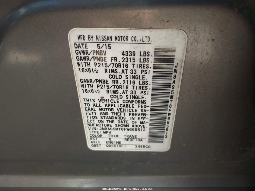 2015 Nissan Rogue Select S VIN: JN8AS5MT6FW665513 Lot: 43220313