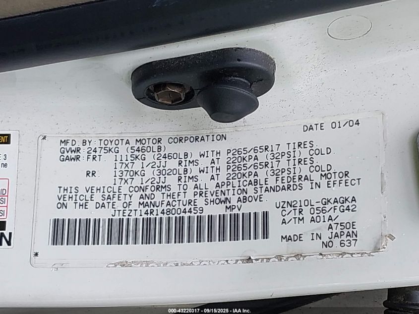 2004 Toyota 4Runner Sr5 V8 VIN: JTEZT14R148004459 Lot: 43220317