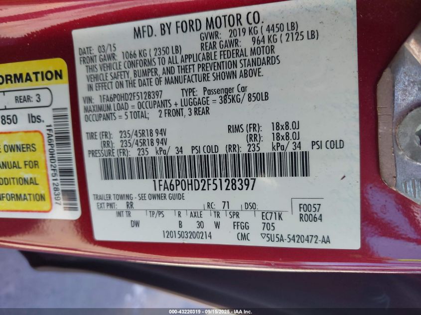 2015 Ford Fusion Se VIN: 1FA6P0HD2F5128397 Lot: 43220319