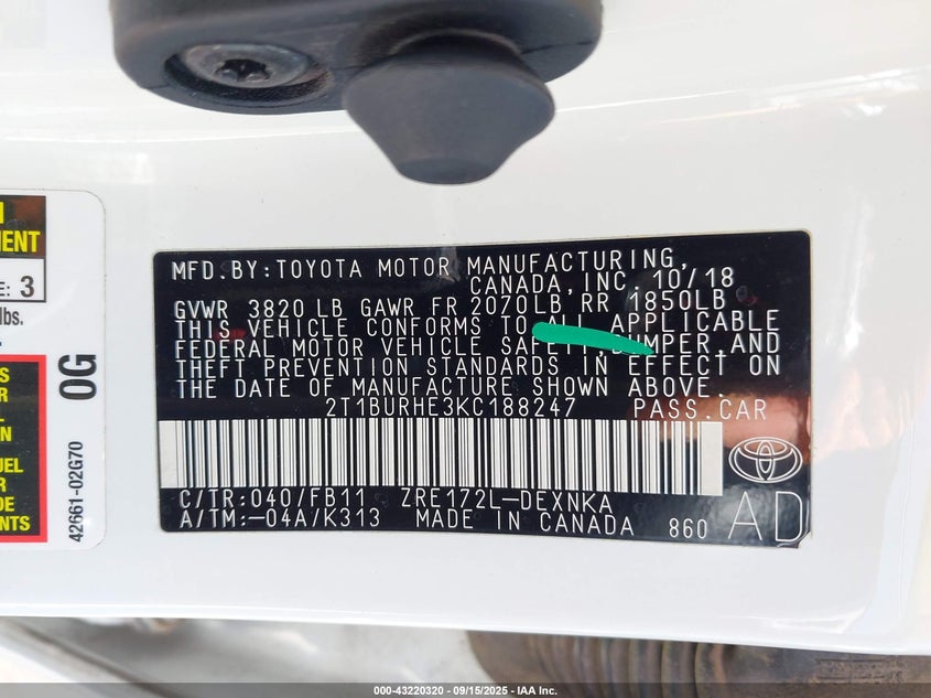 2019 TOYOTA COROLLA LE - 2T1BURHE3KC188247