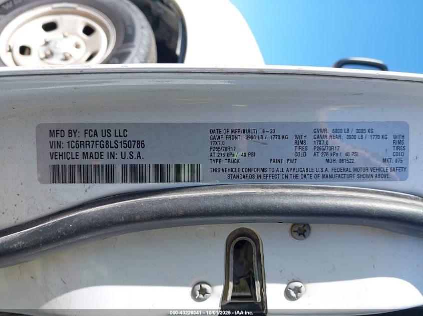 2020 Ram 1500 Classic Tradesman 4X4 6'4 Box VIN: 1C6RR7FG8LS150786 Lot: 43220341