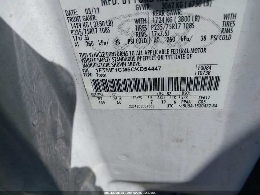 2012 Ford F-150 Xl VIN: 1FTMF1CM5CKD54447 Lot: 43220353