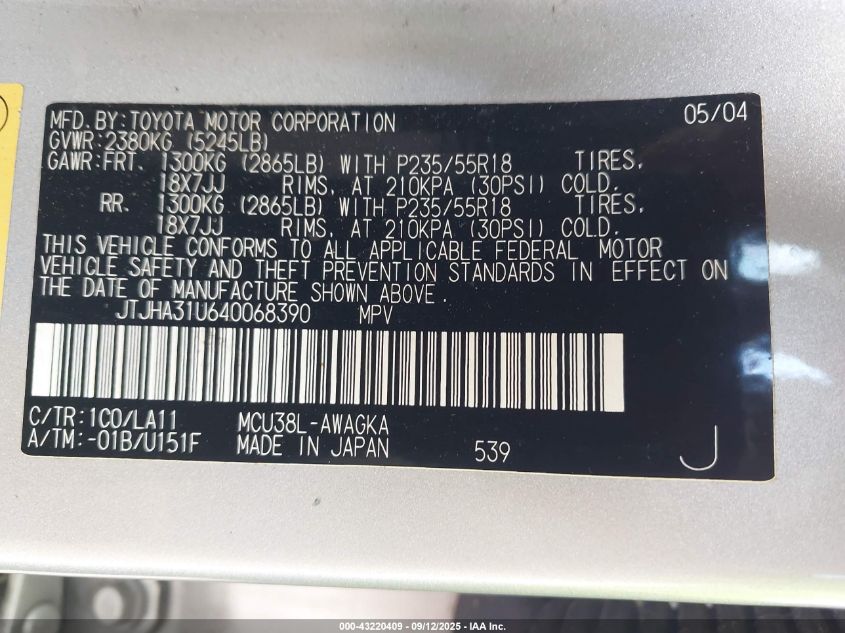 2004 Lexus Rx 330 VIN: JTJHA31U640068390 Lot: 43220409