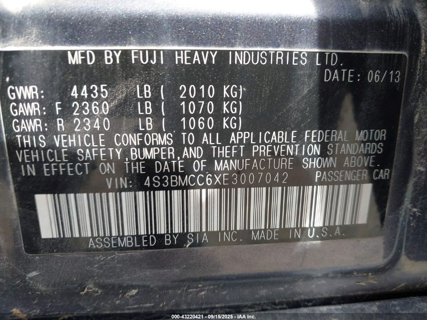 2014 Subaru Legacy 2.5I Premium VIN: 4S3BMCC6XE3007042 Lot: 43220421