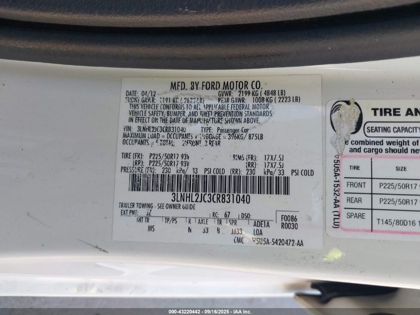 2012 Lincoln Mkz VIN: 3LNHL2JC3CR831040 Lot: 43220442