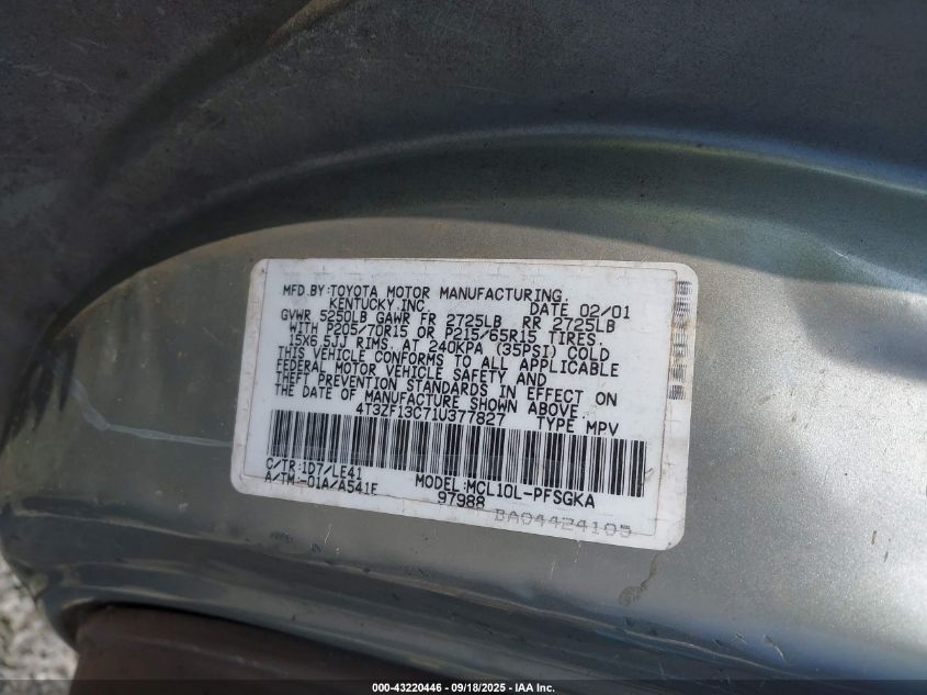 2001 Toyota Sienna Xle VIN: 4T3ZF13C71U377827 Lot: 43220446