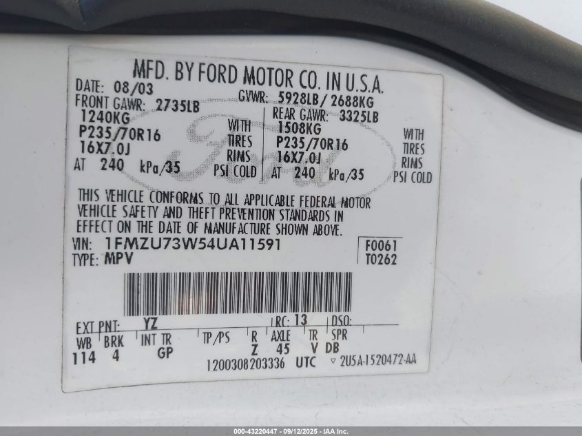 2004 Ford Explorer Nbx/Xlt VIN: 1FMZU73W54UA11591 Lot: 43220447