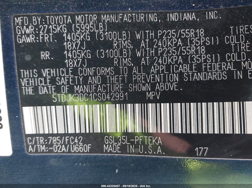 2012 Toyota Sienna Le 7 Passenger VIN: 5TDJK3DC1CS042991 Lot: 43220457