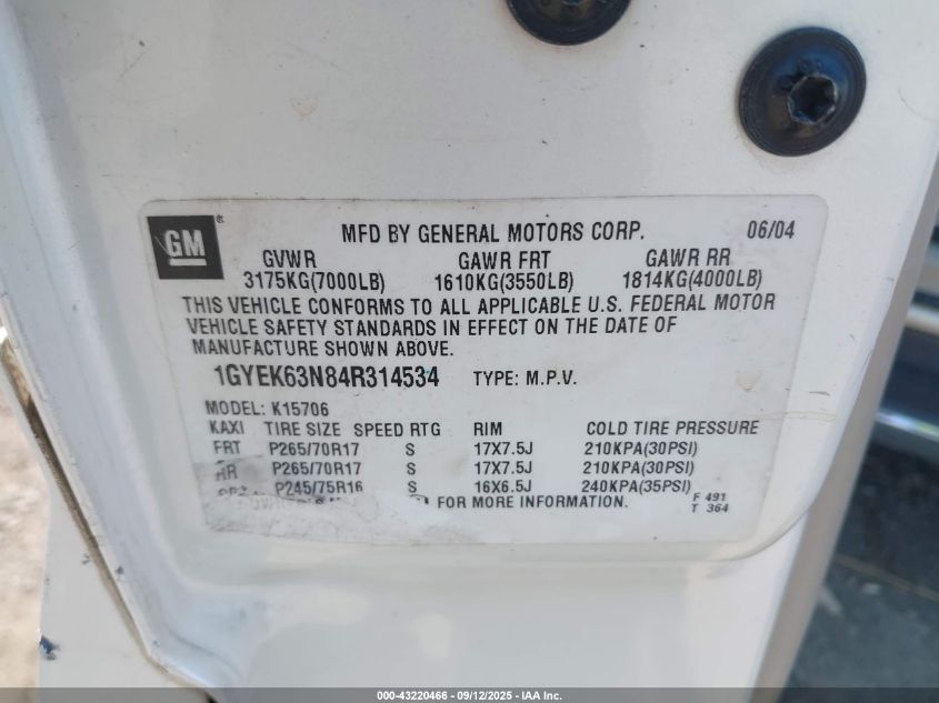 2004 Cadillac Escalade Standard VIN: 1GYEK63N84R314534 Lot: 43220466