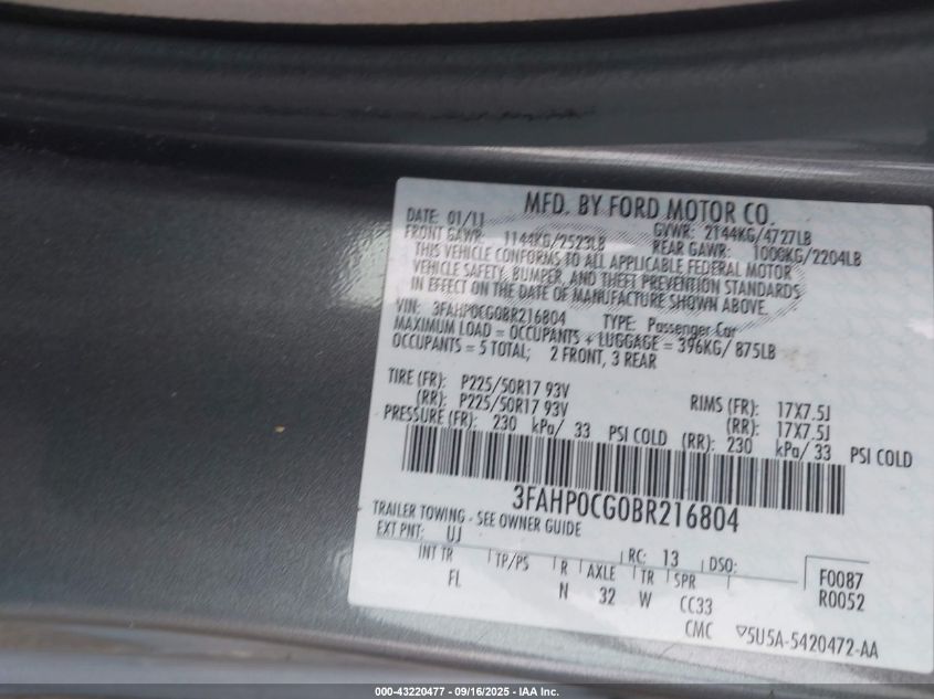 2011 Ford Fusion Sel VIN: 3FAHP0CG0BR216804 Lot: 43220477