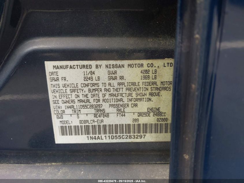 2005 Nissan Altima 2.5 S VIN: 1N4AL11D55C283297 Lot: 43220479