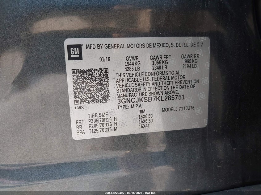 2019 Chevrolet Trax Ls VIN: 3GNCJKSB7KL285751 Lot: 43220492