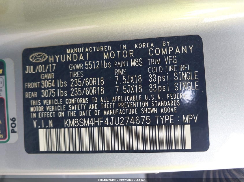 2018 Hyundai Santa Fe Se VIN: KM8SM4HF4JU274675 Lot: 43220498