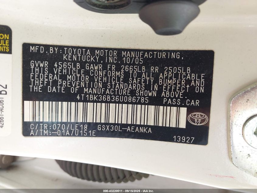 2006 Toyota Avalon Touring VIN: 4T1BK36B36U086785 Lot: 43220511