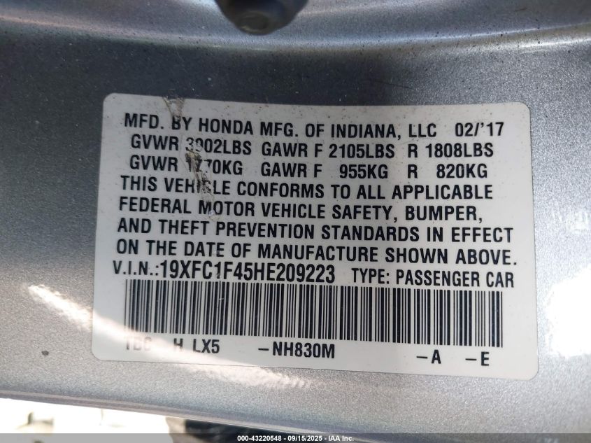 2017 Honda Civic Ex-T VIN: 19XFC1F45HE209223 Lot: 43220548