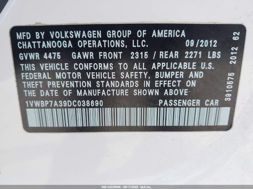 2013 Volkswagen Passat 2.5L Se VIN: 1VWBP7A39DC038690 Lot: 43220566