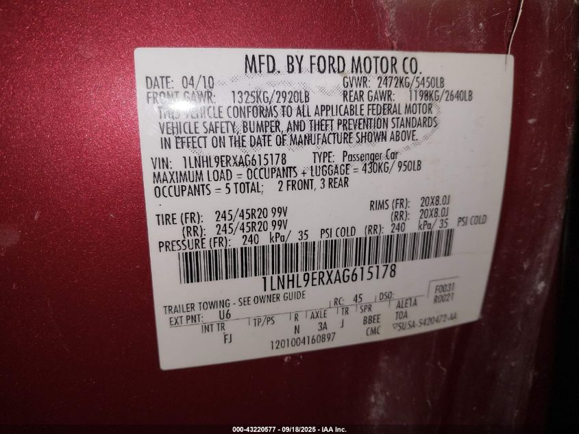 2010 Lincoln Mks VIN: 1LNHL9ERXAG615178 Lot: 43220577