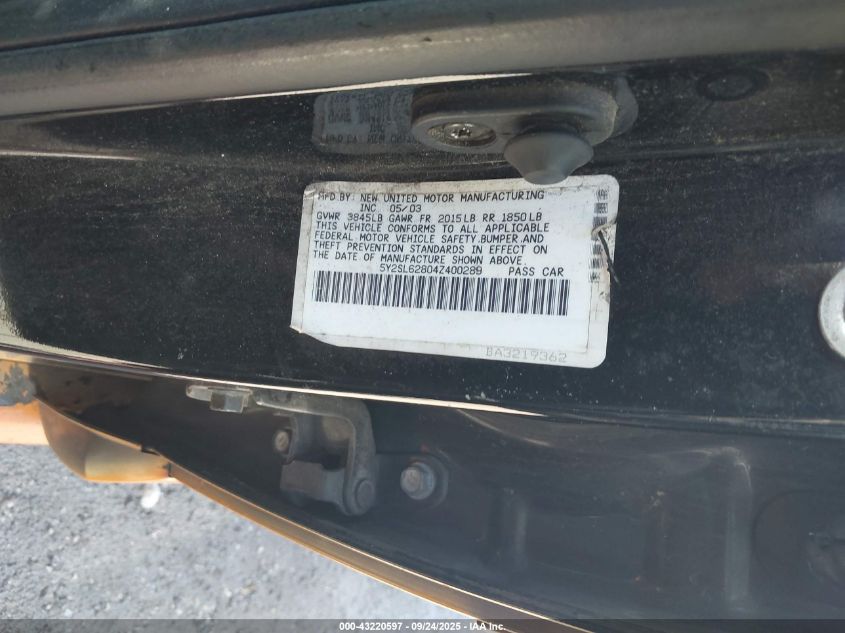 2004 Pontiac Vibe VIN: 5Y2SL62804Z400289 Lot: 43220597