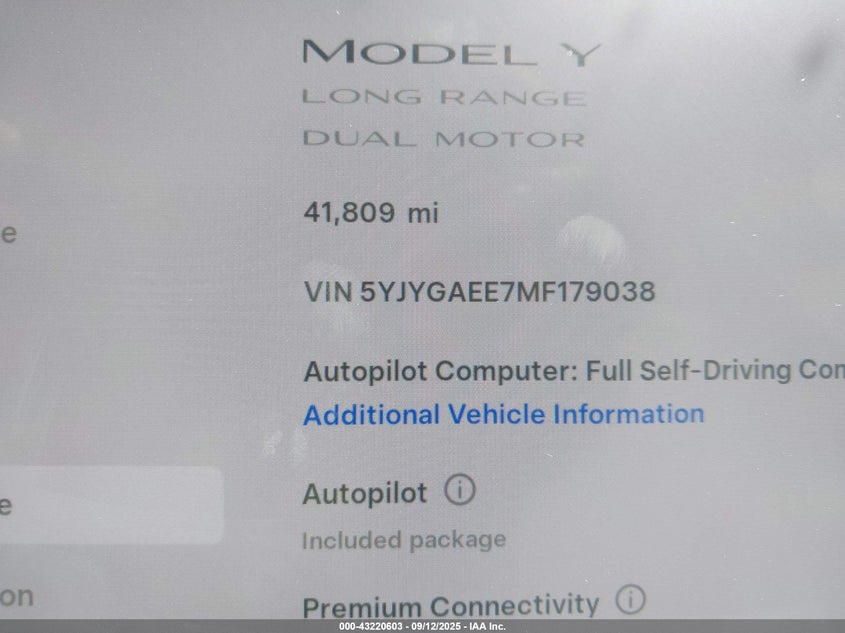 2021 Tesla Model Y Long Range Dual Motor All-Wheel Drive VIN: 5YJYGAEE7MF179038 Lot: 43220603