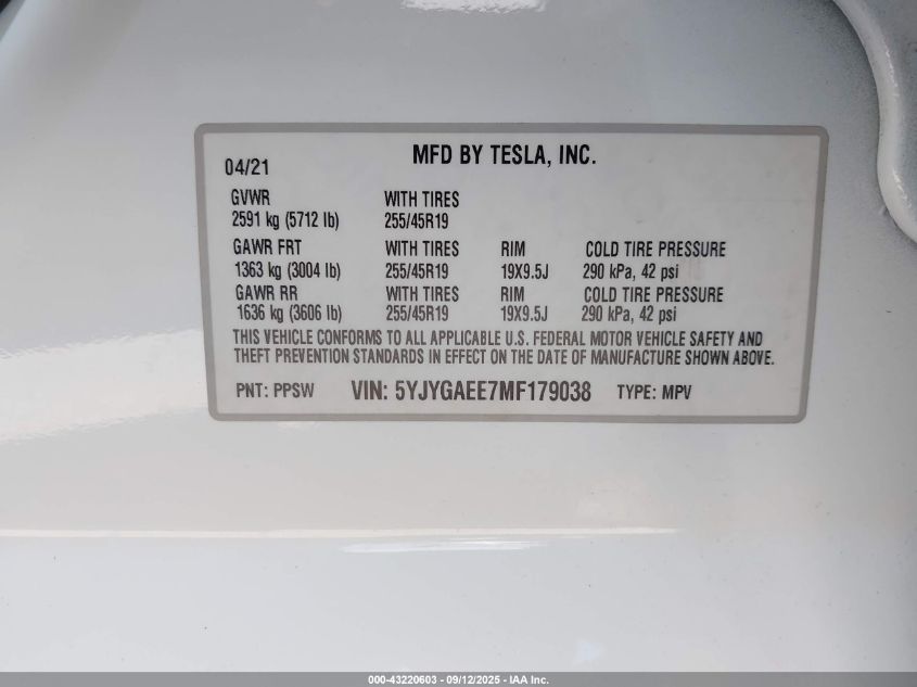 2021 Tesla Model Y Long Range Dual Motor All-Wheel Drive VIN: 5YJYGAEE7MF179038 Lot: 43220603