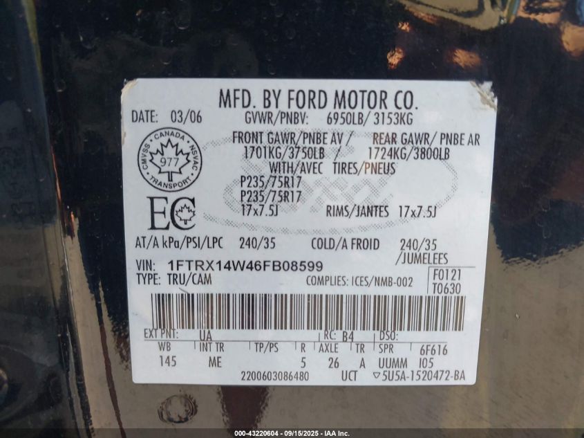 2006 Ford F-150 Stx/Xl/Xlt VIN: 1FTRX14W46FB08599 Lot: 43220604